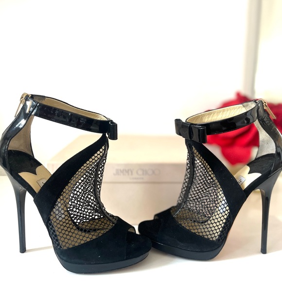 Jimmy Choo “Callie” patent leather fishnet stiletto booties with bows 37 (US 7) - Picture 3 of 10